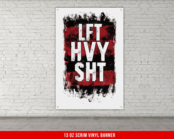 a white brick wall with a red and black poster on it