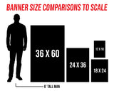 a comparison of banner sizes to scale, with a silhouette of a man standing next to the corresponding banner sizes.