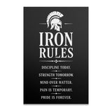 Iron Rules motivational poster with Sparta helmet and five inspiring phrases.