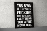 You Owe It To Yourself Canvas - Home Gym Decor - Large Motivational Quote Wall Art - Weightlifting Fitness - Sports Inspiration V1