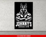 Black and white banner with muscular German Shepherd and text "JOHNNY'S GARAGE GYM".