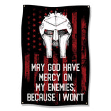 May God Have Mercy On My Enemies Banner, Cool Fighter Helmet Flag, Spartan Warrior Wall Decor, Man Cave Art, Inspirational Poster