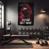 The image is a promotional graphic for a fabric product, specifically a 9 oz polyester fabric. It features a close-up view of the fabric, highlighting its properties such as dye sublimation, scratch resistance, wrinkles being free, and being washable.