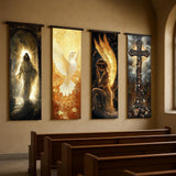 Christian Spiritual Wall Art - Set of 4 Vertical Hanging Banners - Jesus, Dove, Angel, Cross - Faith-Based Decor - V5