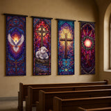 a church interior with four stained glass windows hanging on the wall, each depicting a different religious scene.