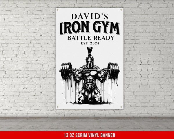 a poster of a man lifting a barbell in front of a brick wall