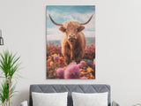 Highland Cow Art Print, Hairy Coo, Scottish Cattle, Farm Animal, Wildflower Meadow, Rustic Nature Decor, Vibrant Blue Sky, Mountain