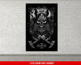 a white brick wall with a black and white poster on it