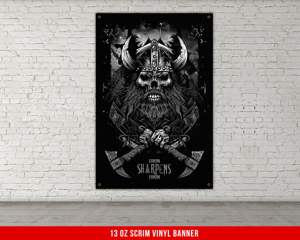 a white brick wall with a black and white poster on it