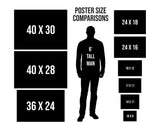 a man standing in front of a poster size comparison