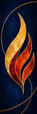 a striking abstract design with a combination of red and gold colors, resembling flames or fire. The design is set against a dark blue background, creating a dramatic and visually appealing contrast.