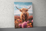 Highland Cow Canvas Print, Scottish Cattle Art, Hairy Coo Wall Decor, Floral Meadow Landscape, Farm Animal Nursery, Rustic Home