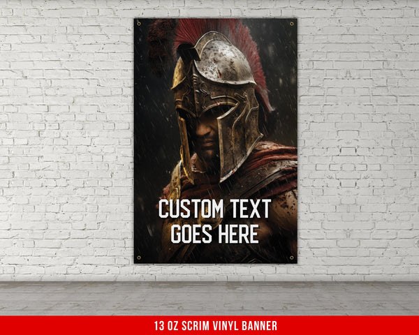 a poster on a brick wall of a roman soldier