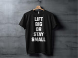 Lift Big or Stay Small Shirt, Motivational Gym T-Shirt, Workout Fitness Tee, Funny Lifting Quote Shirt, Back Side Printing Option