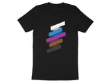 Geometric colorful stacked bars graphic design tee, bold modern art inspired casual t-shirt, unique artistic print apparel