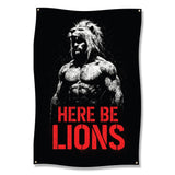 Muscular man with lion's mane, text "HERE BE LIONS".