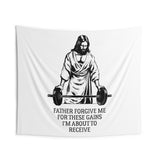 Father Forgive Me | Custom Gym Tapestry | Home Gym Flag Decor | Large Quote Wall Art | Motivational Inspirational | Banner | USA Gray