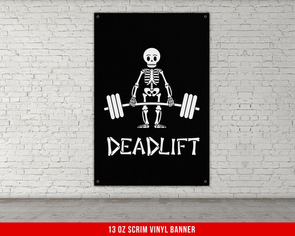 a skeleton lifting a barbell with the words deadlift on it