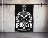 Johnson's Iron Gym Spartan helmet logo with muscular body and text.