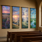 a row of four landscape paintings hanging on a wall in a church, depicting various scenes of nature such as fields, forests, and rivers.