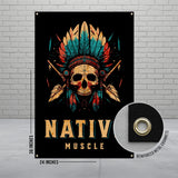 Native Muscle Skull Flag, Skull Wall Banner, Tribal Wall Hanging, Native American Art, Home Decor, 24x36 Inch Wall Poster