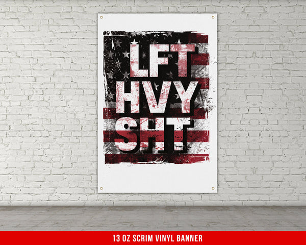 a white brick wall with a red and black poster on it