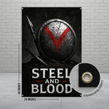 Steel and Blood Banner, Medieval Shield Wall Art, Viking Warrior Decor, Battle Theme Poster, Vintage Style Tapestry