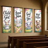 four colorful posters hanging on a wall, each depicting a different animal and accompanied by a Bible verse.