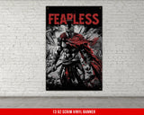 a poster of a man with a cape on a brick wall