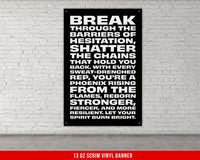a black and white poster on a white brick wall