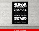 a black and white poster on a white brick wall