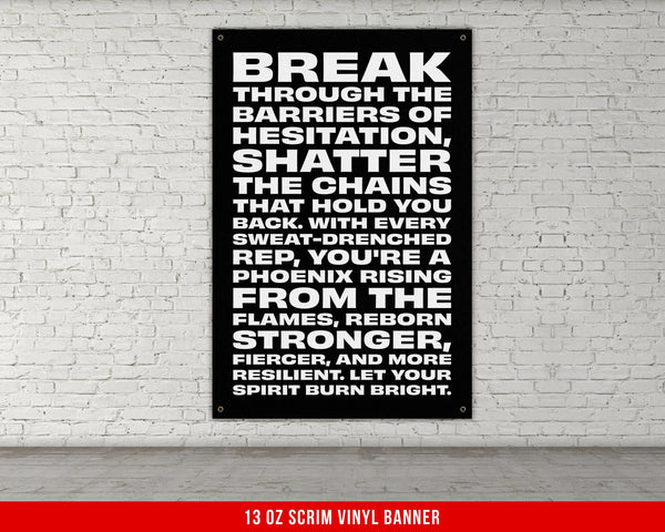 a black and white poster on a white brick wall