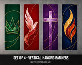 a set of four vertical hanging banners, each featuring a different design and symbol. The banners include a crown, a bird, a cross, and flames. The banners are available in multiple sizes, as indicated by the text at the bottom of the image.