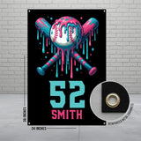 Baseball Banner with Crossed Bats and Dripping Paint, Sports Wall Art, Baseball Decor, Custom Number 52, Unique Sports Gift
