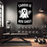 Black banner with ghost saying "Cardio is boo sheet" in a gym.