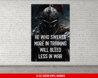 Warrior Motivational Banner, Spartan Wall Art, He Who Sweats More In Training Will Bleed Less In War, Home Gym Decor V2