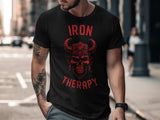 Iron Therapy Skull T-Shirt, Gym Workout Shirt, Men's Fitness Tee, Viking Skull Motivation Shirt, Bodybuilding Graphic Tee