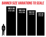 a series of banner sizes, ranging from 180 to 14 feet long, with the largest banner being 14 feet long.