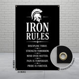 Black banner with "IRON RULES" and motivational phrases, reinforced grommets.