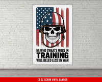 a poster of a skull wearing a helmet with the words, he who sweats