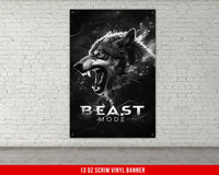 a black and white poster of a wolf with its mouth open