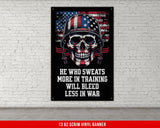 a poster of a skull wearing a helmet with the words he who sweats more