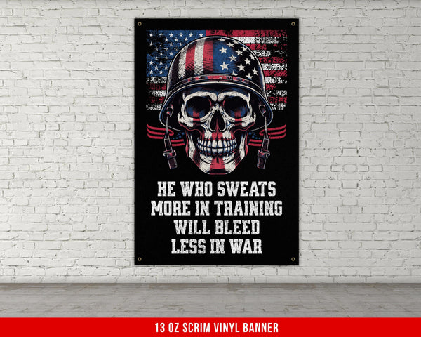a poster of a skull wearing a helmet with the words he who sweats more