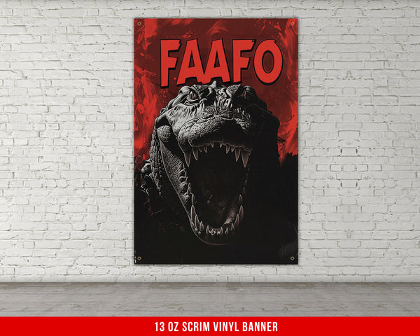 a large poster of a dinosaur with the words faafo on it