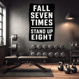 Home gym with weight bench, dumbbells, barbells, and motivational banner.