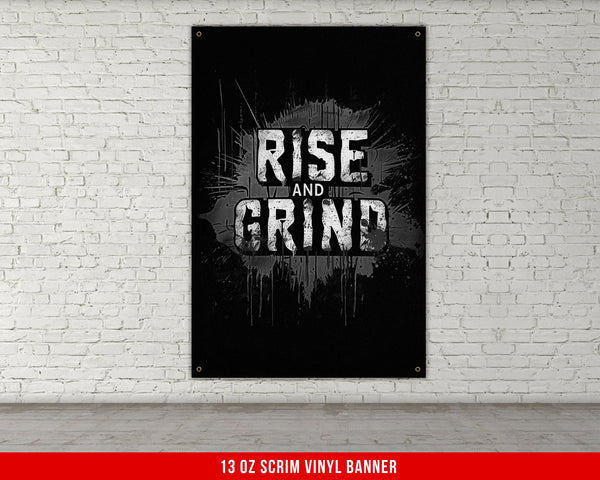 a black and white poster on a white brick wall