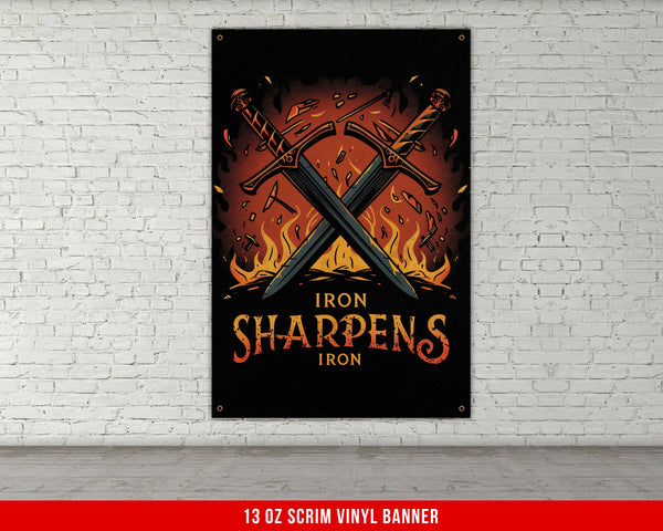 a red brick wall with a poster of two crossed swords