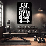 Gym banner with "EAT SLEEP GYM REPEAT" text above weights and exercise equipment.