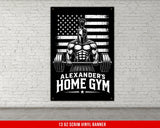 Spartan warrior holding barbell in front of American flag, "ALEXANDER'S HOME GYM" text.