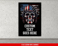 a picture of a skull wearing a helmet with the words custom text goes here